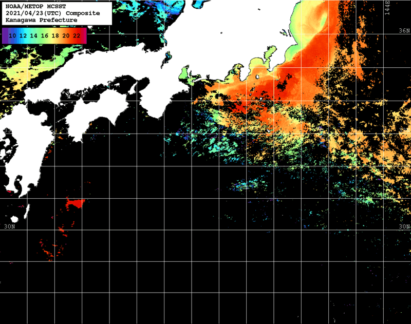 NOAA、MetOp 人工衛星画像 検索結果, 水温分布を図示