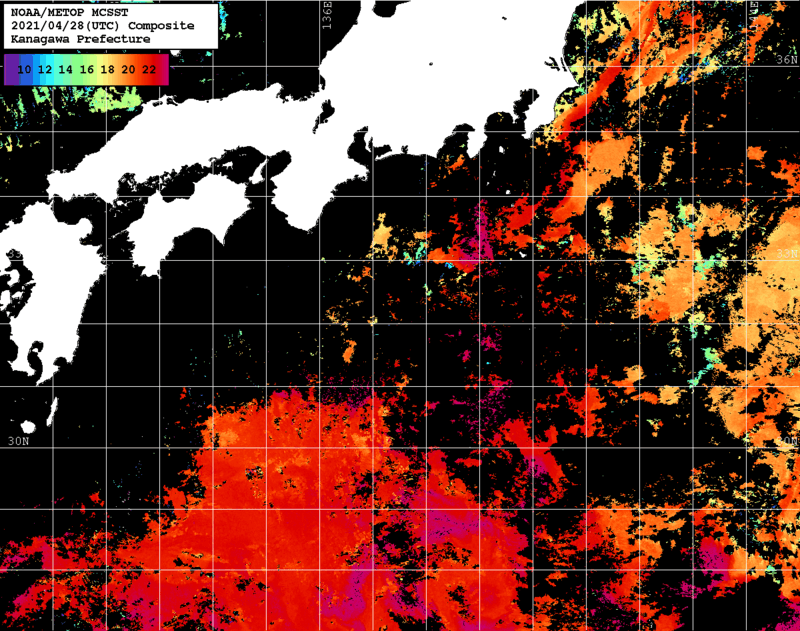 NOAA、MetOp 人工衛星画像 検索結果, 水温分布を図示