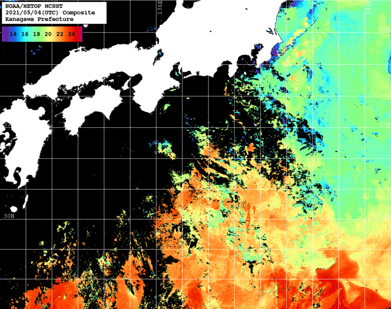 NOAA、MetOp 人工衛星画像 検索結果, 水温分布を図示