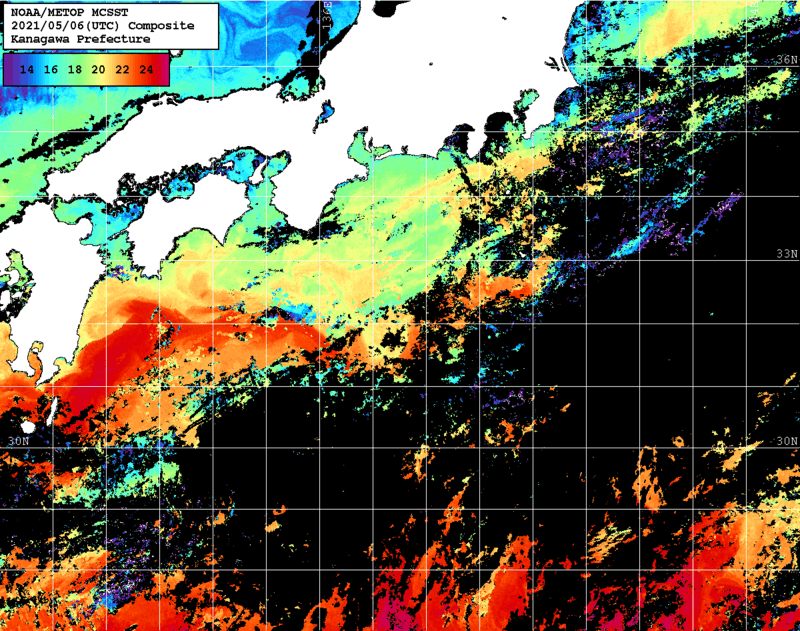 NOAA、MetOp 人工衛星画像 検索結果, 水温分布を図示