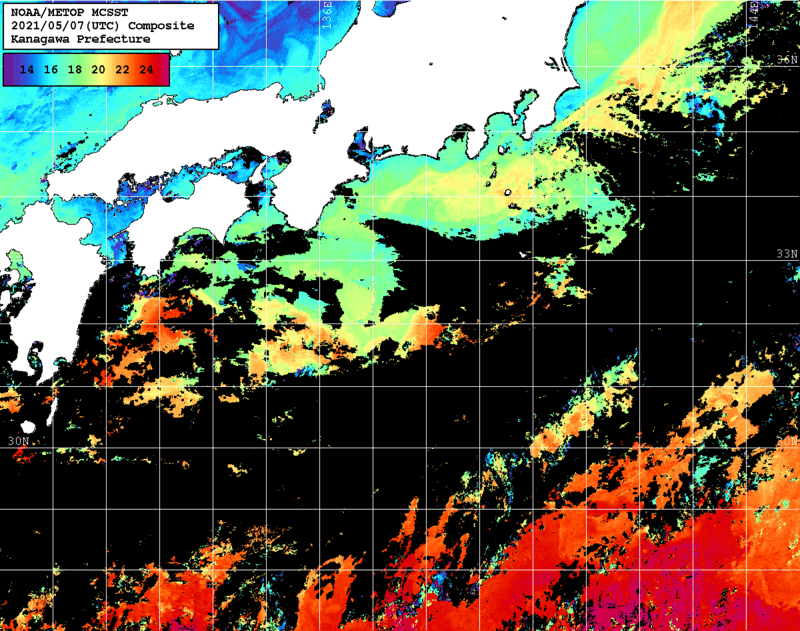 NOAA、MetOp 人工衛星画像 検索結果, 水温分布を図示