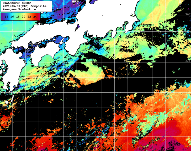 NOAA、MetOp 人工衛星画像 検索結果, 水温分布を図示