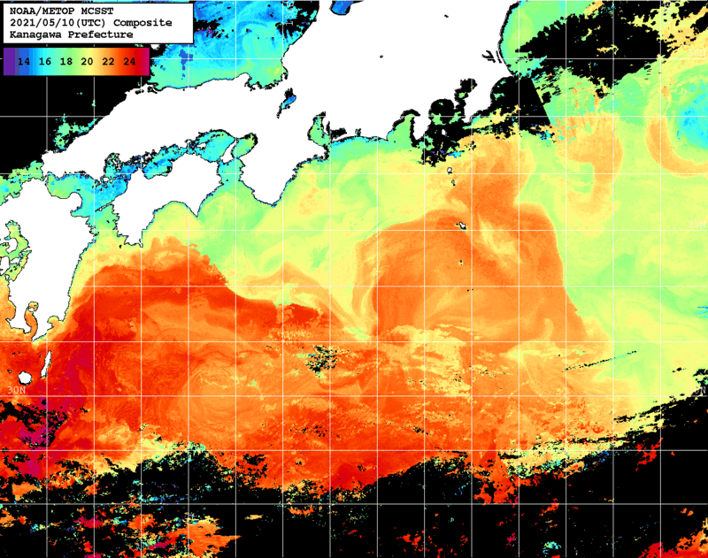 NOAA、MetOp 人工衛星画像 検索結果, 水温分布を図示