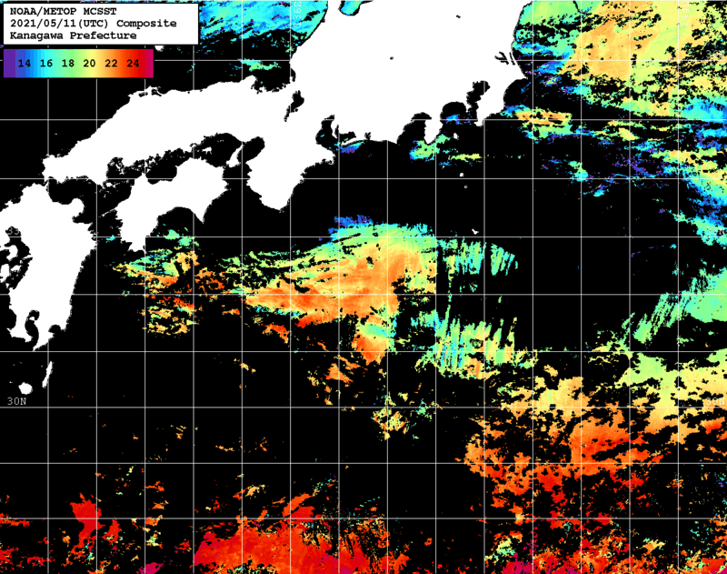NOAA、MetOp 人工衛星画像 検索結果, 水温分布を図示