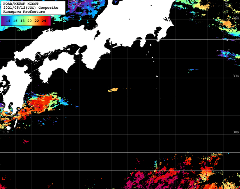 NOAA、MetOp 人工衛星画像 検索結果, 水温分布を図示