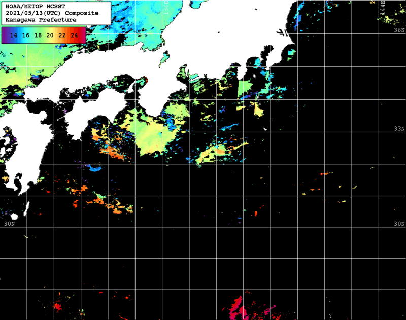 NOAA、MetOp 人工衛星画像 検索結果, 水温分布を図示