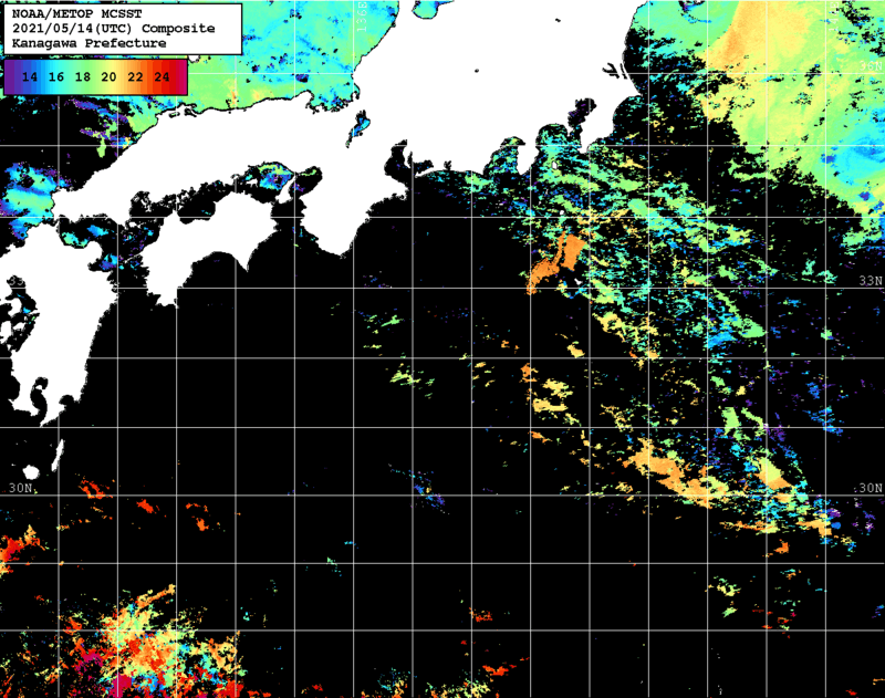 NOAA、MetOp 人工衛星画像 検索結果, 水温分布を図示