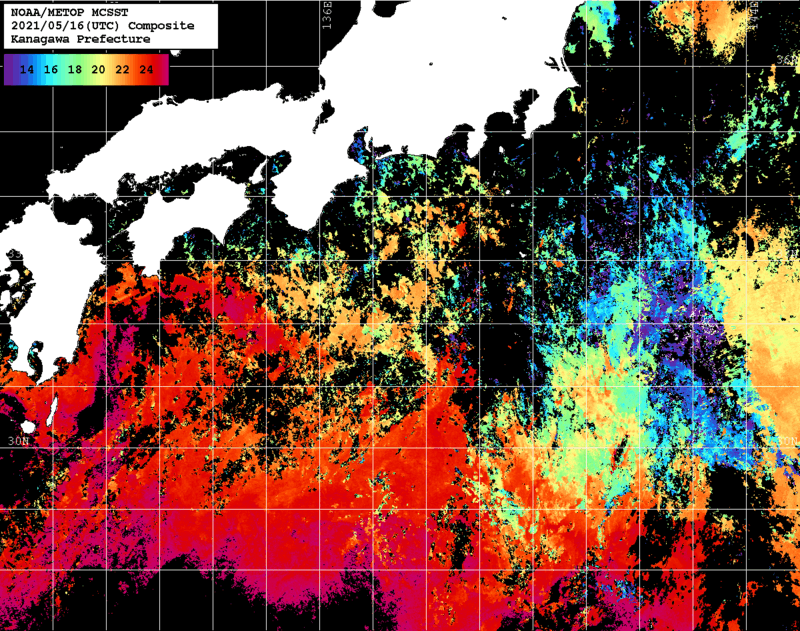 NOAA、MetOp 人工衛星画像 検索結果, 水温分布を図示
