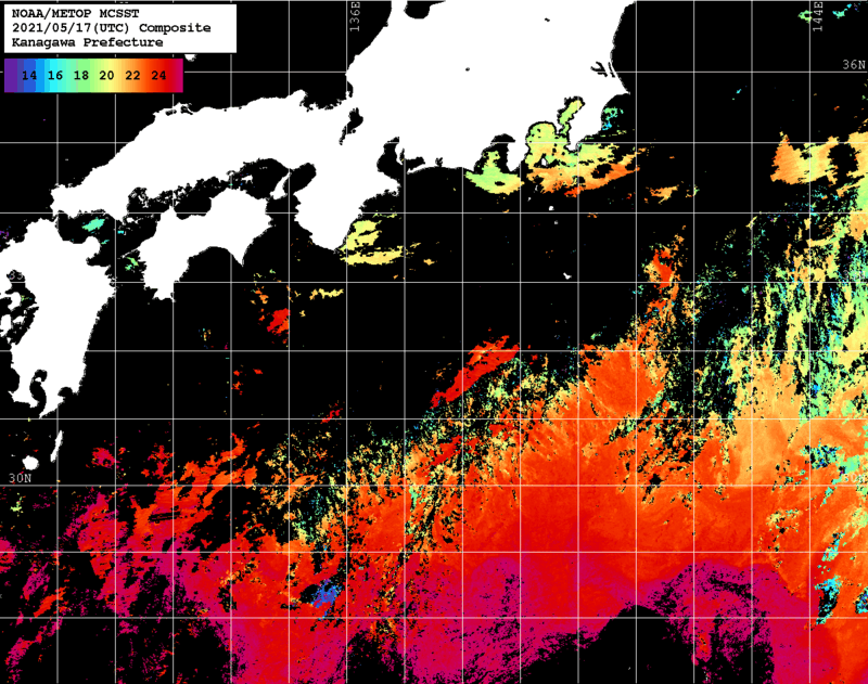 NOAA、MetOp 人工衛星画像 検索結果, 水温分布を図示