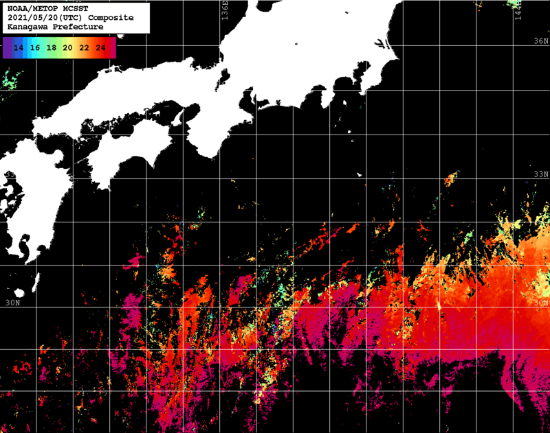 NOAA、MetOp 人工衛星画像 検索結果, 水温分布を図示