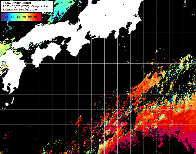 NOAA、MetOp 人工衛星画像 検索結果, 水温分布を図示