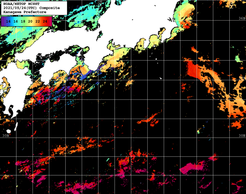 NOAA、MetOp 人工衛星画像 検索結果, 水温分布を図示