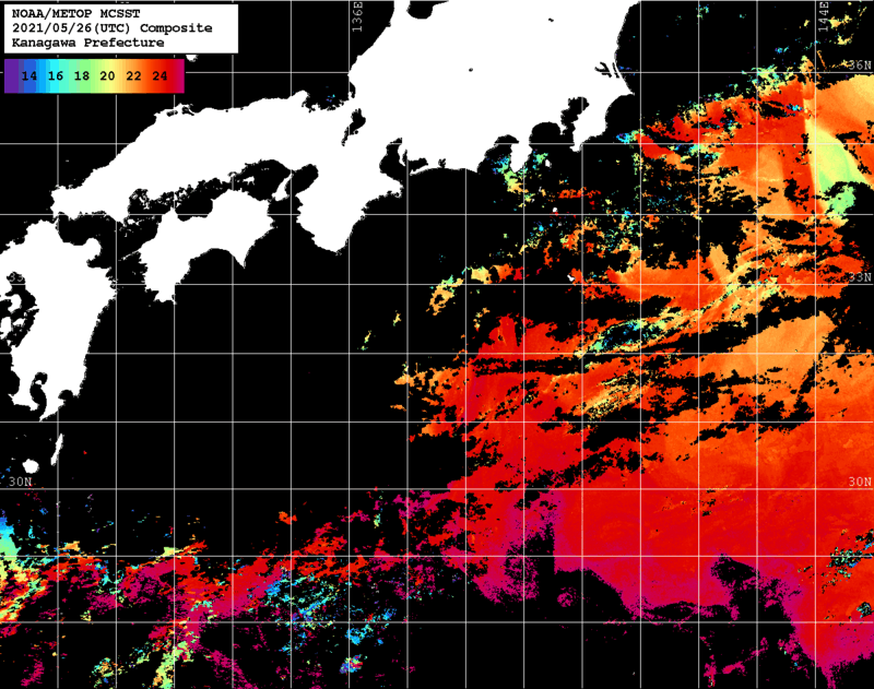 NOAA、MetOp 人工衛星画像 検索結果, 水温分布を図示