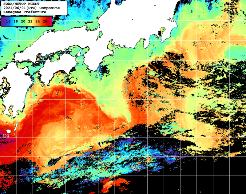 NOAA、MetOp 人工衛星画像 検索結果, 水温分布を図示