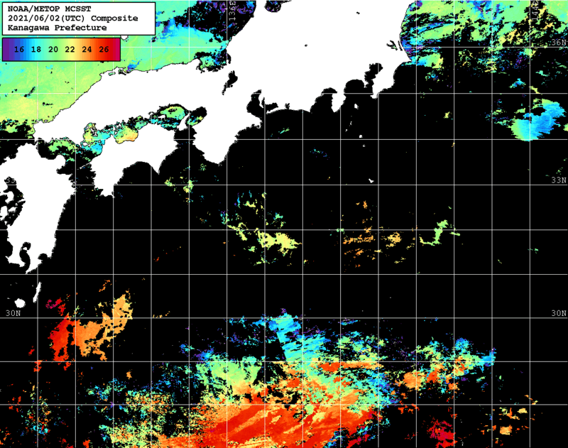 NOAA、MetOp 人工衛星画像 検索結果, 水温分布を図示