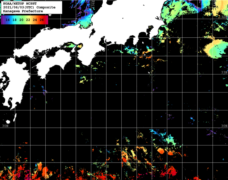 NOAA、MetOp 人工衛星画像 検索結果, 水温分布を図示