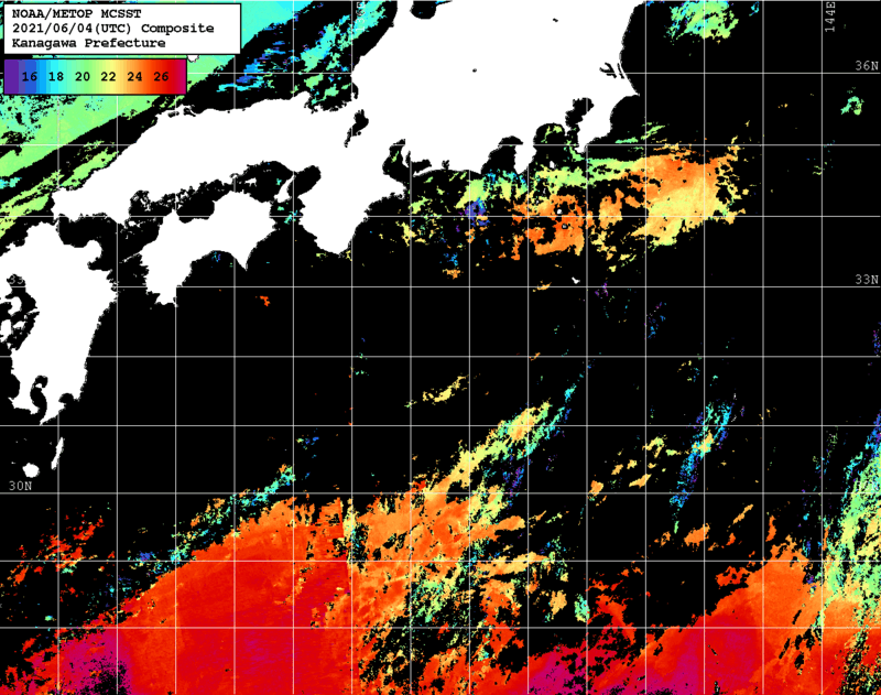 NOAA、MetOp 人工衛星画像 検索結果, 水温分布を図示