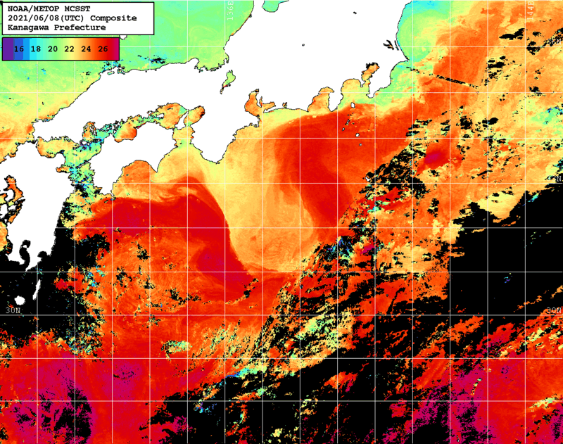 NOAA、MetOp 人工衛星画像 検索結果, 水温分布を図示