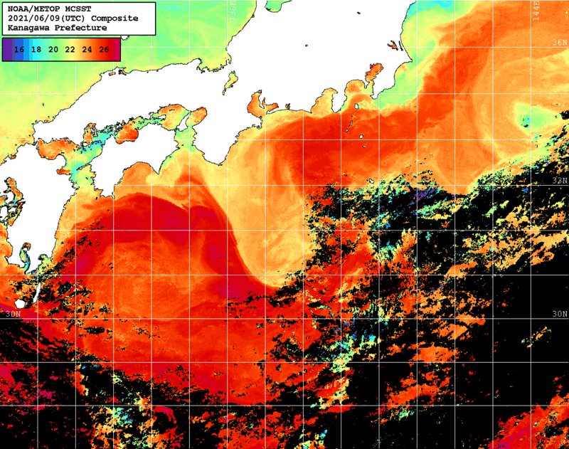 NOAA、MetOp 人工衛星画像 検索結果, 水温分布を図示