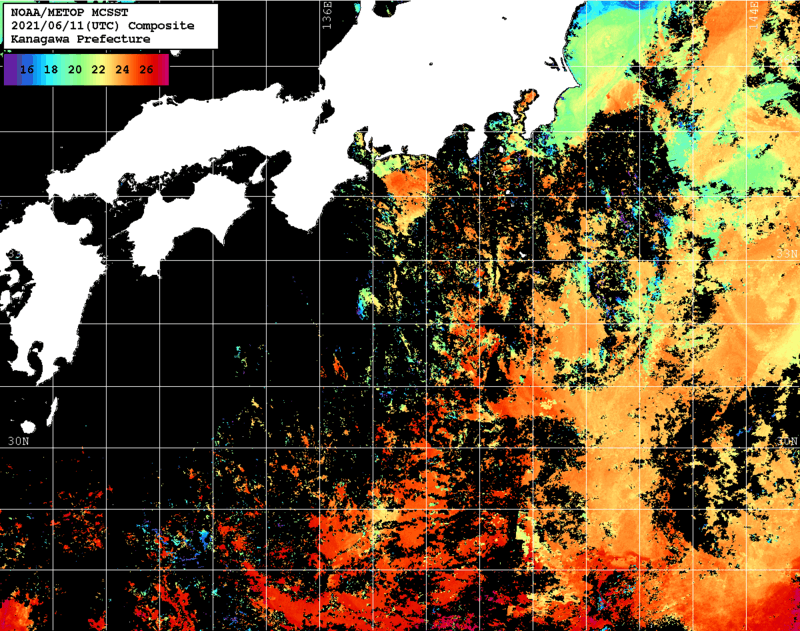 NOAA、MetOp 人工衛星画像 検索結果, 水温分布を図示