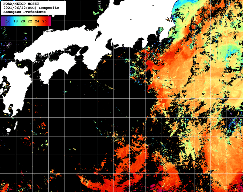 NOAA、MetOp 人工衛星画像 検索結果, 水温分布を図示
