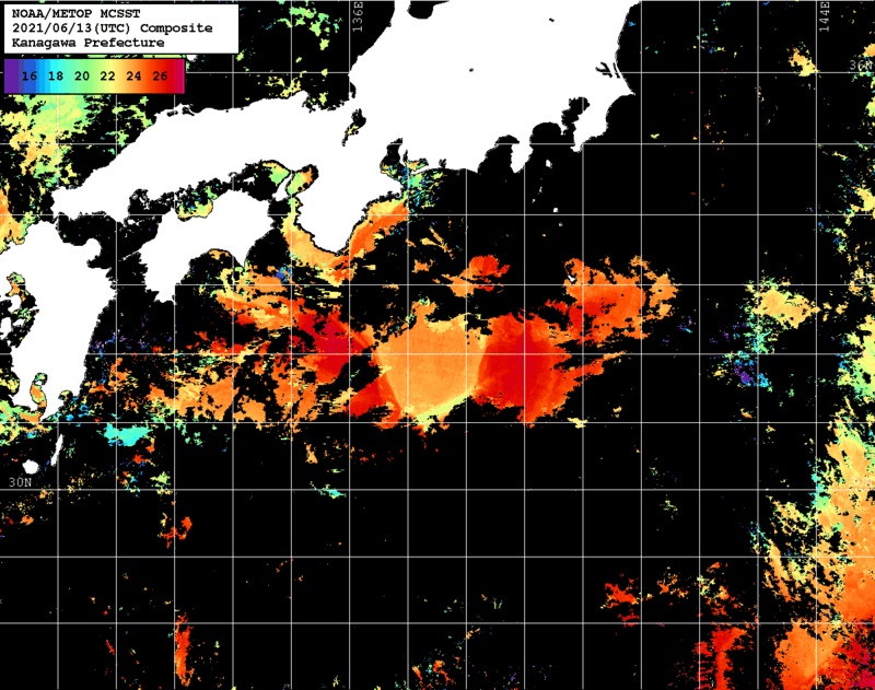 NOAA、MetOp 人工衛星画像 検索結果, 水温分布を図示