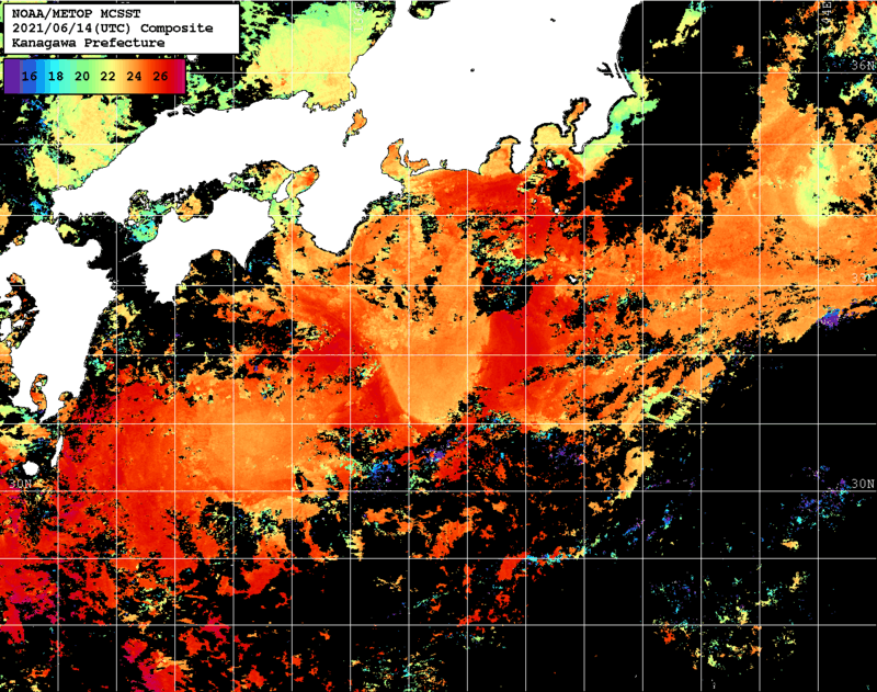 NOAA、MetOp 人工衛星画像 検索結果, 水温分布を図示