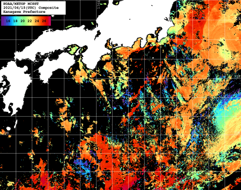 NOAA、MetOp 人工衛星画像 検索結果, 水温分布を図示