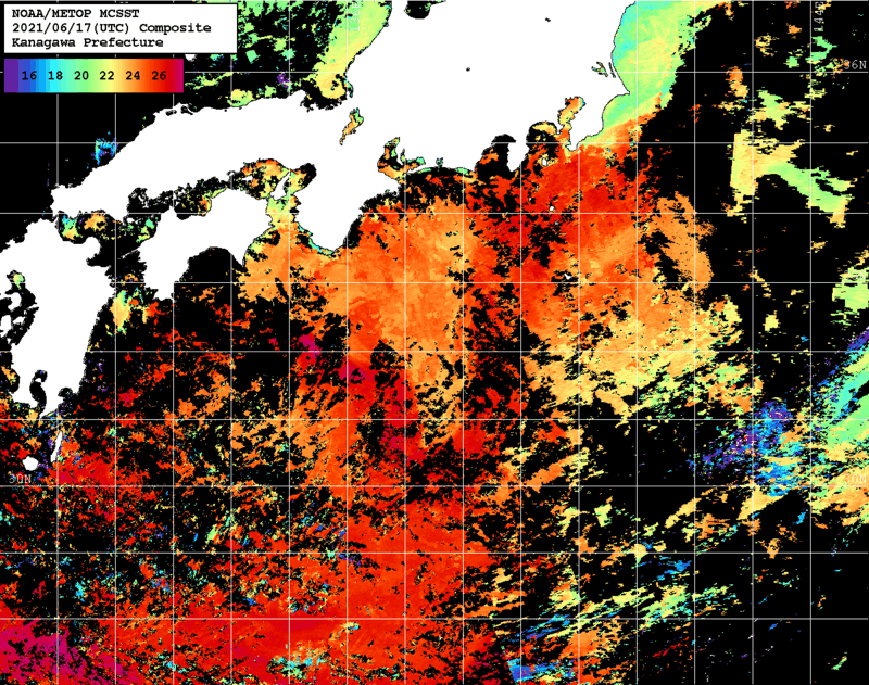 NOAA、MetOp 人工衛星画像 検索結果, 水温分布を図示