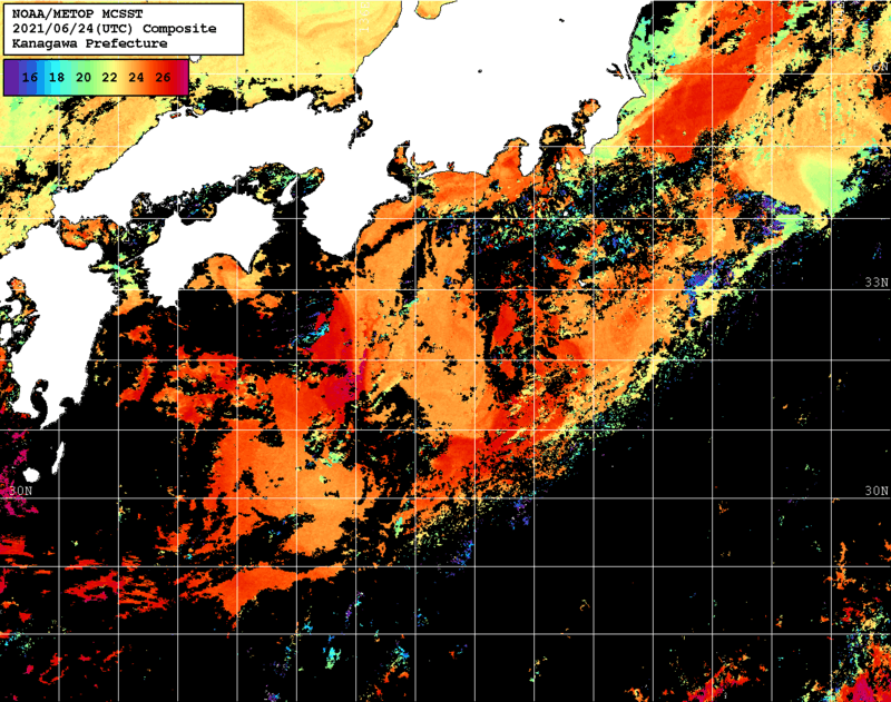 NOAA、MetOp 人工衛星画像 検索結果, 水温分布を図示