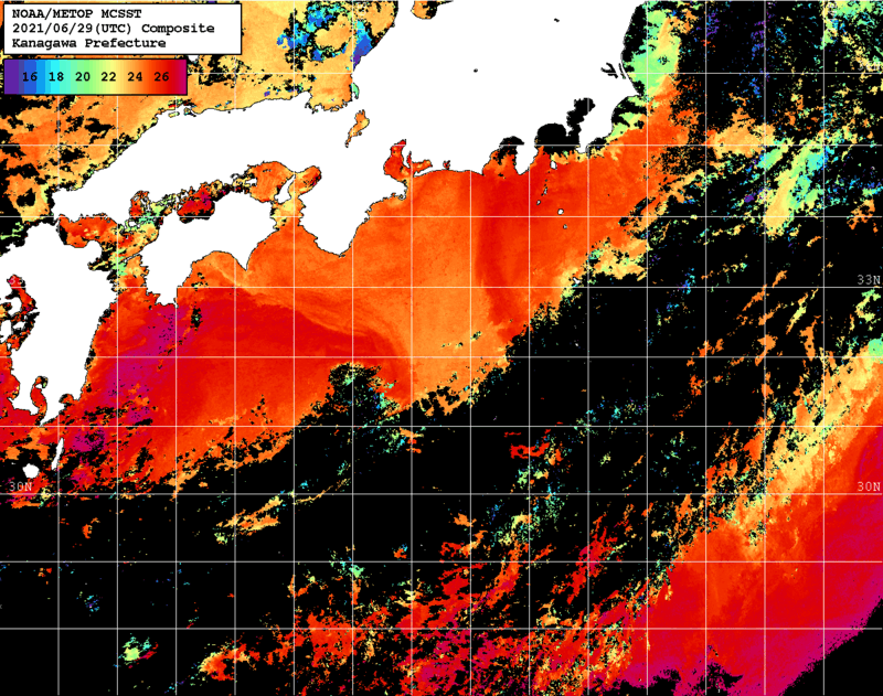 NOAA、MetOp 人工衛星画像 検索結果, 水温分布を図示