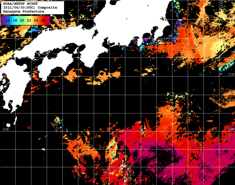NOAA、MetOp 人工衛星画像 検索結果, 水温分布を図示