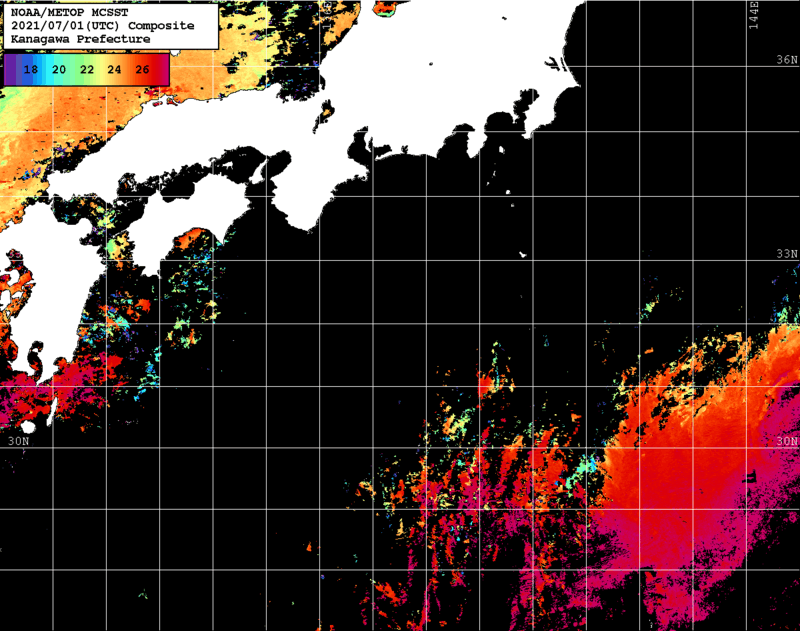 NOAA、MetOp 人工衛星画像 検索結果, 水温分布を図示