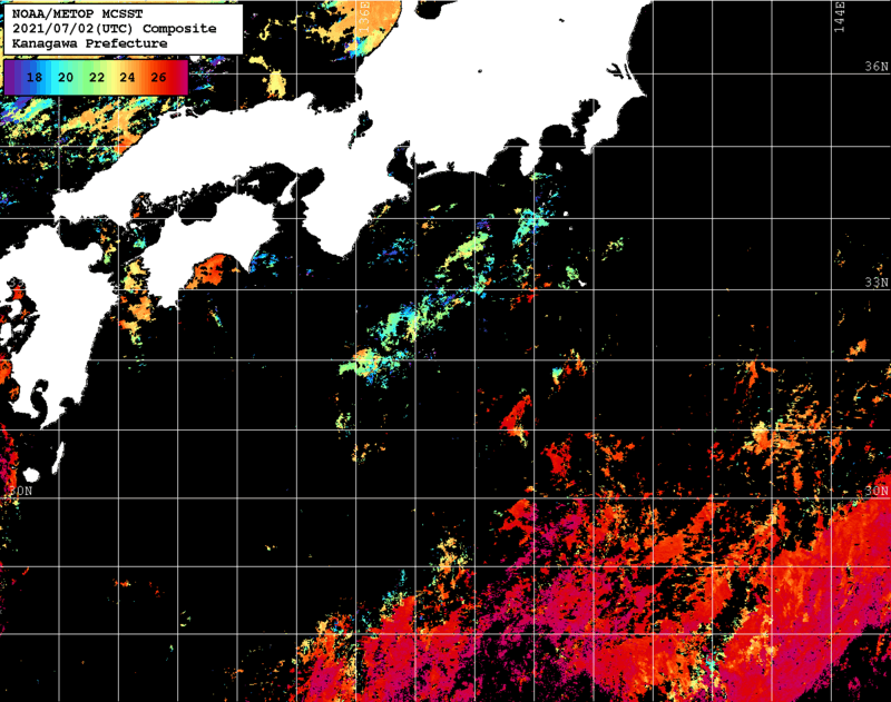 NOAA、MetOp 人工衛星画像 検索結果, 水温分布を図示