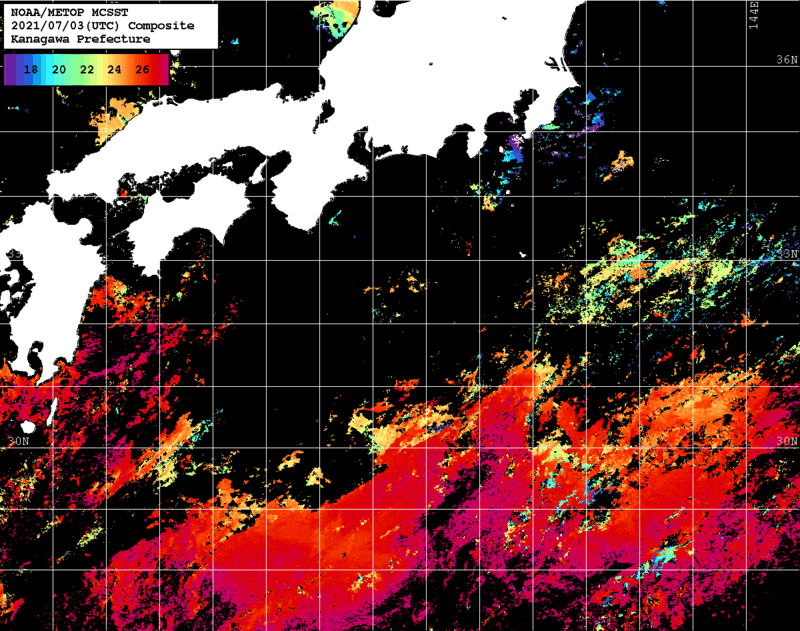 NOAA、MetOp 人工衛星画像 検索結果, 水温分布を図示