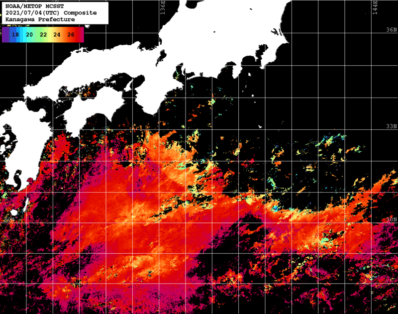 NOAA、MetOp 人工衛星画像 検索結果, 水温分布を図示