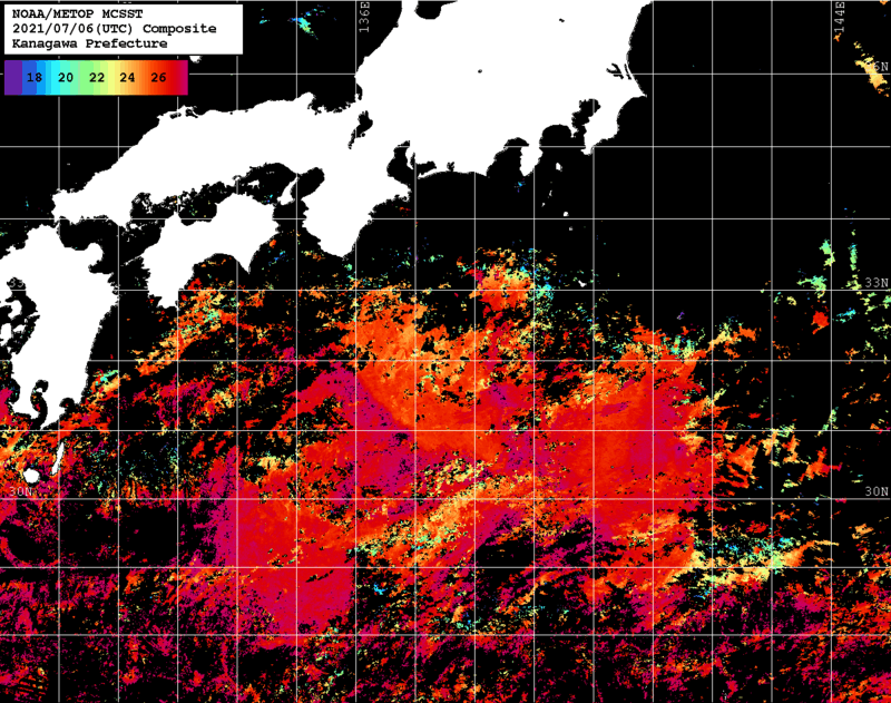 NOAA、MetOp 人工衛星画像 検索結果, 水温分布を図示