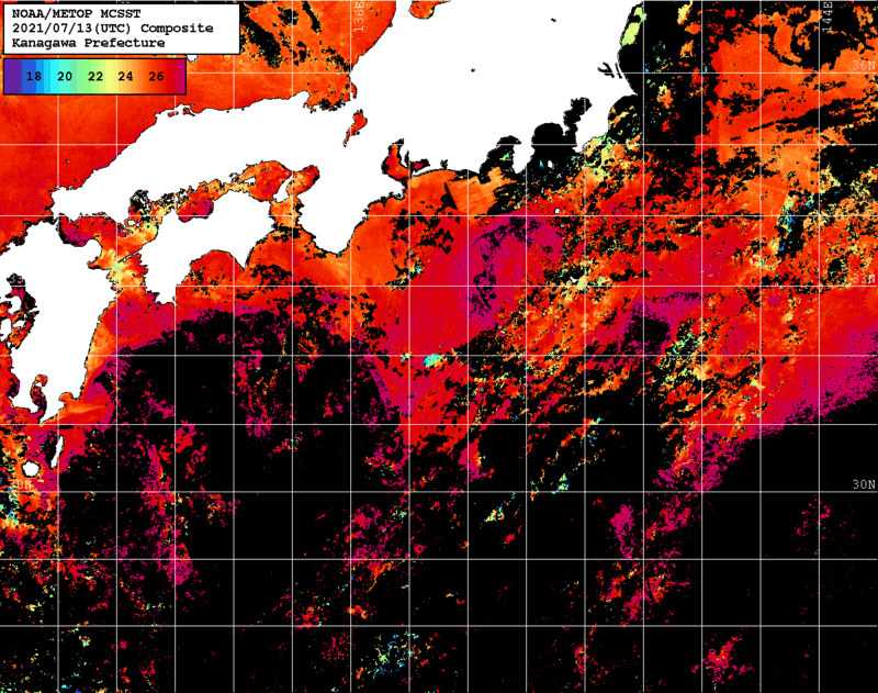 NOAA、MetOp 人工衛星画像 検索結果, 水温分布を図示