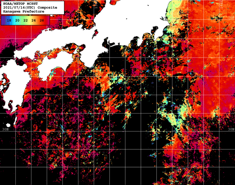 NOAA、MetOp 人工衛星画像 検索結果, 水温分布を図示