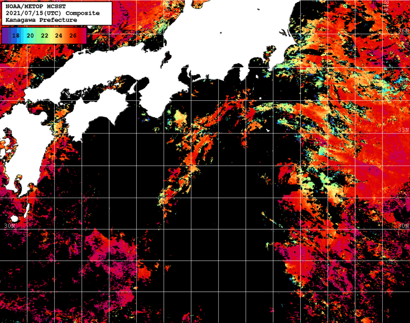 NOAA、MetOp 人工衛星画像 検索結果, 水温分布を図示
