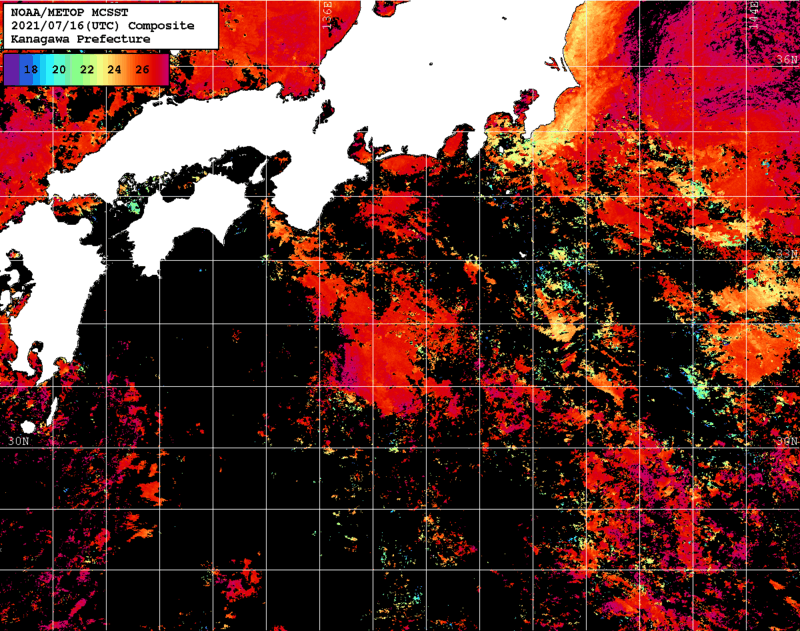 NOAA、MetOp 人工衛星画像 検索結果, 水温分布を図示