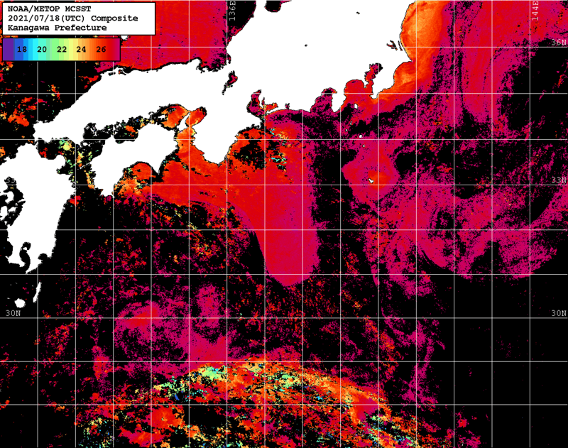 NOAA、MetOp 人工衛星画像 検索結果, 水温分布を図示
