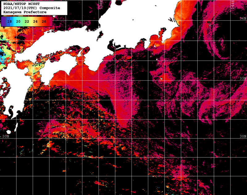 NOAA、MetOp 人工衛星画像 検索結果, 水温分布を図示