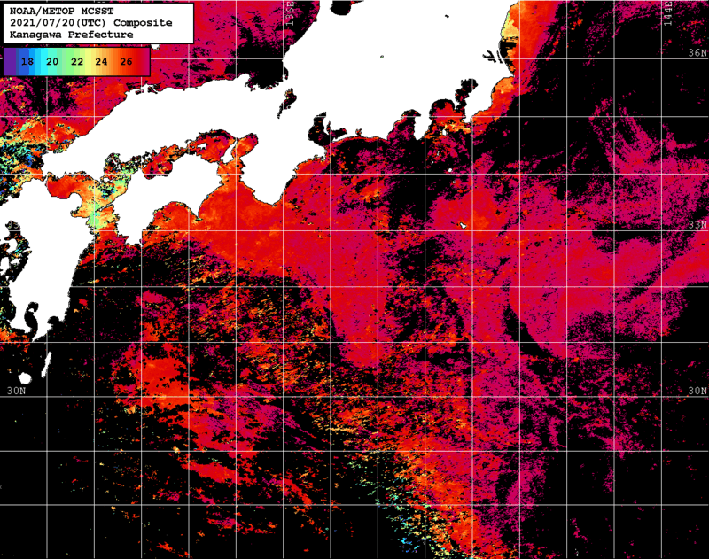NOAA、MetOp 人工衛星画像 検索結果, 水温分布を図示