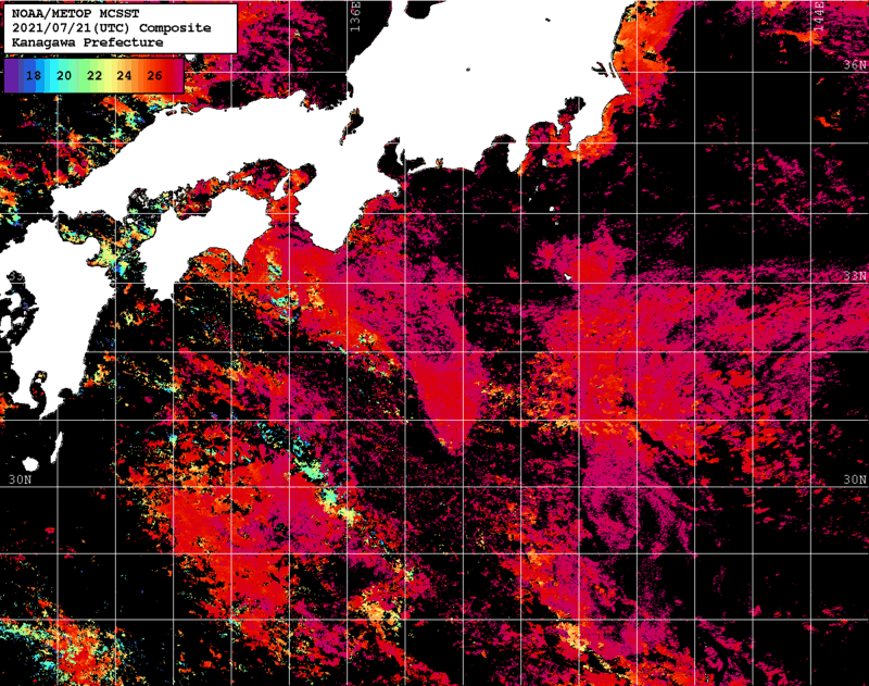 NOAA、MetOp 人工衛星画像 検索結果, 水温分布を図示