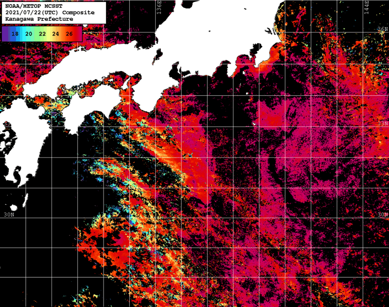 NOAA、MetOp 人工衛星画像 検索結果, 水温分布を図示