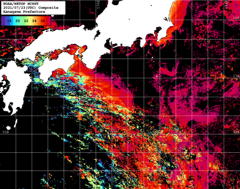 NOAA、MetOp 人工衛星画像 検索結果, 水温分布を図示