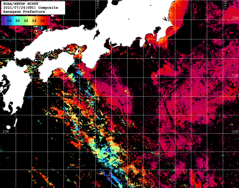 NOAA、MetOp 人工衛星画像 検索結果, 水温分布を図示