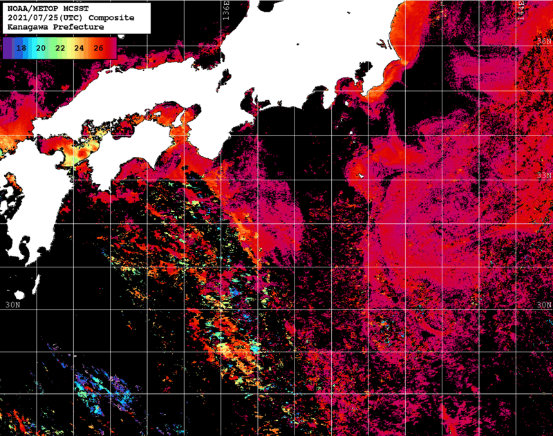 NOAA、MetOp 人工衛星画像 検索結果, 水温分布を図示