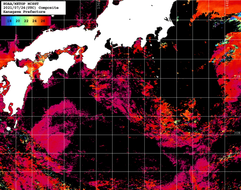 NOAA、MetOp 人工衛星画像 検索結果, 水温分布を図示
